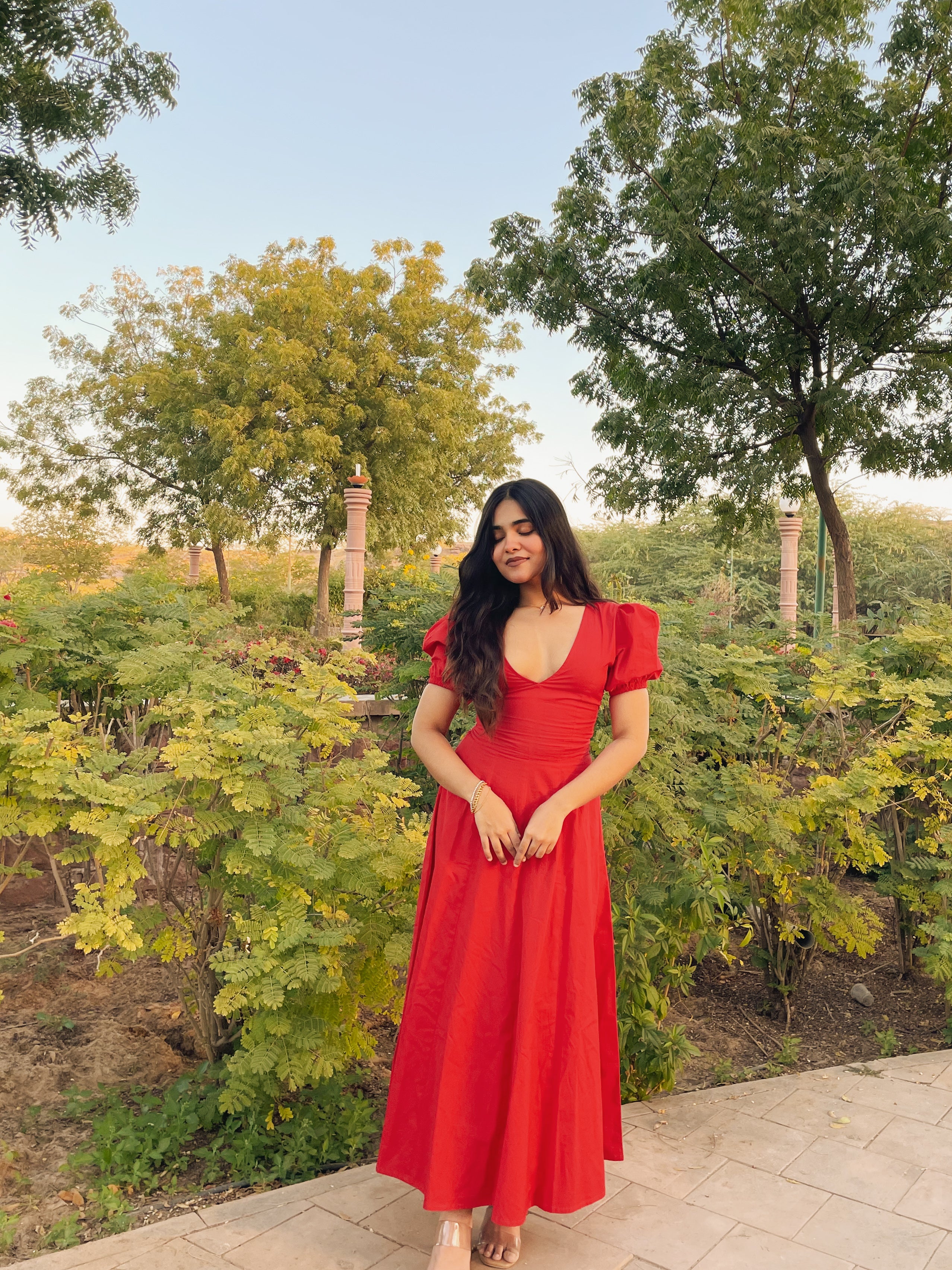 Red Pleated Maxi Dress
