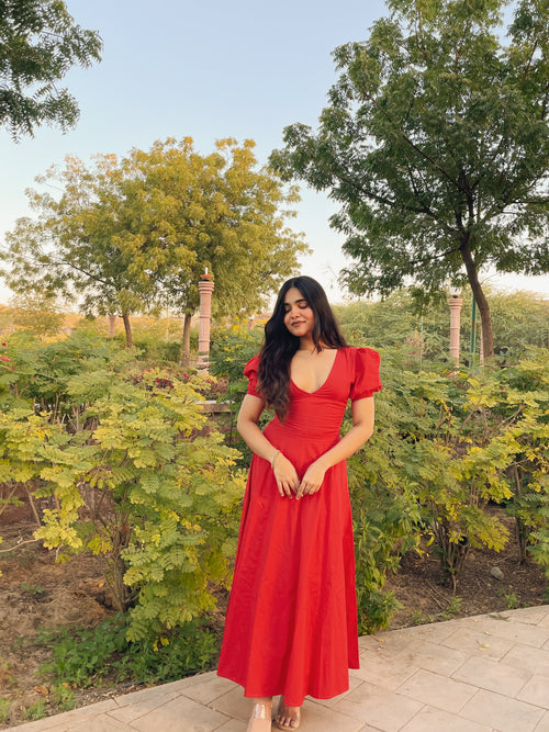 Red Pleated Maxi Dress