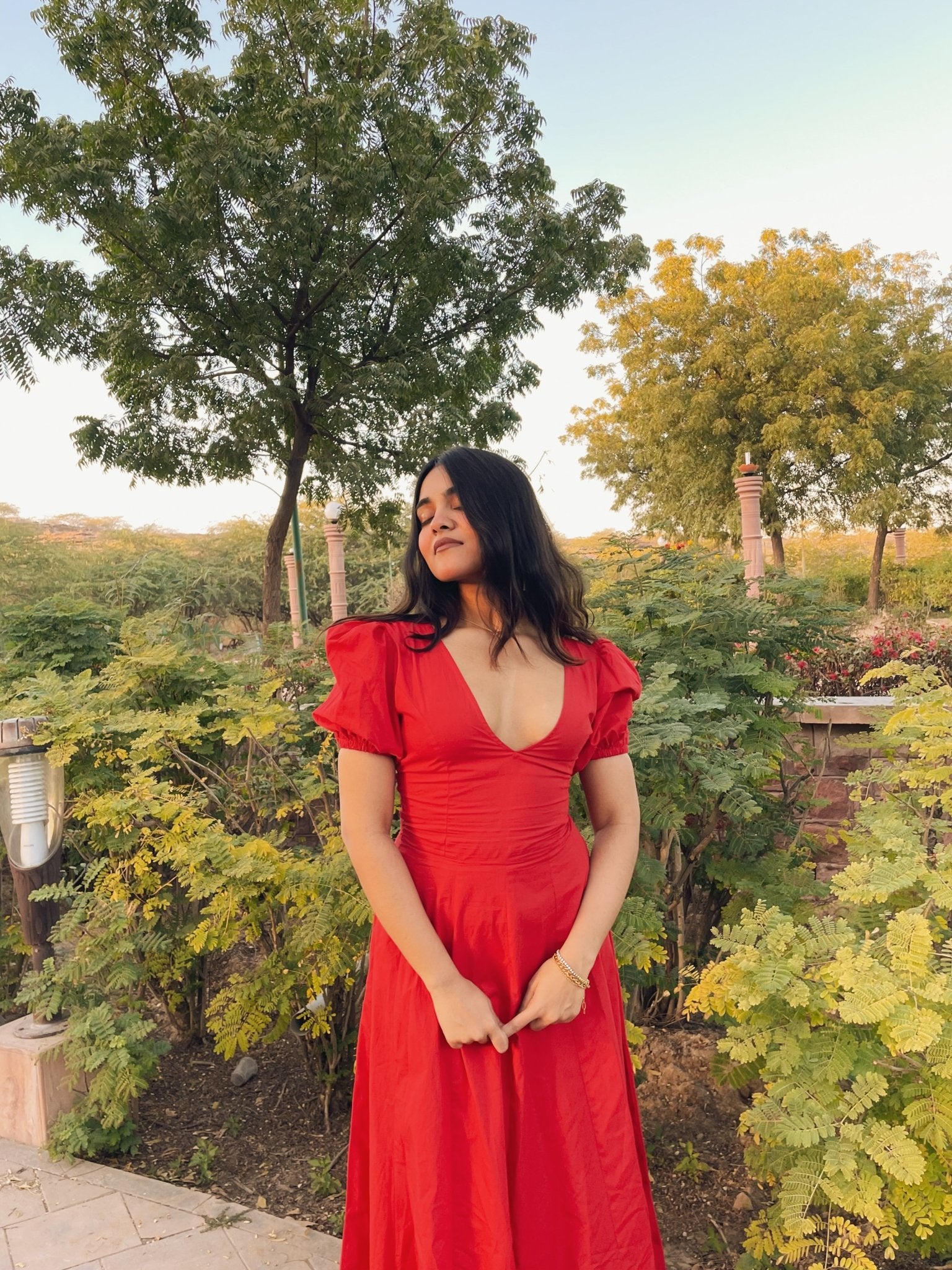 Red Pleated Maxi Dress - ODDNY