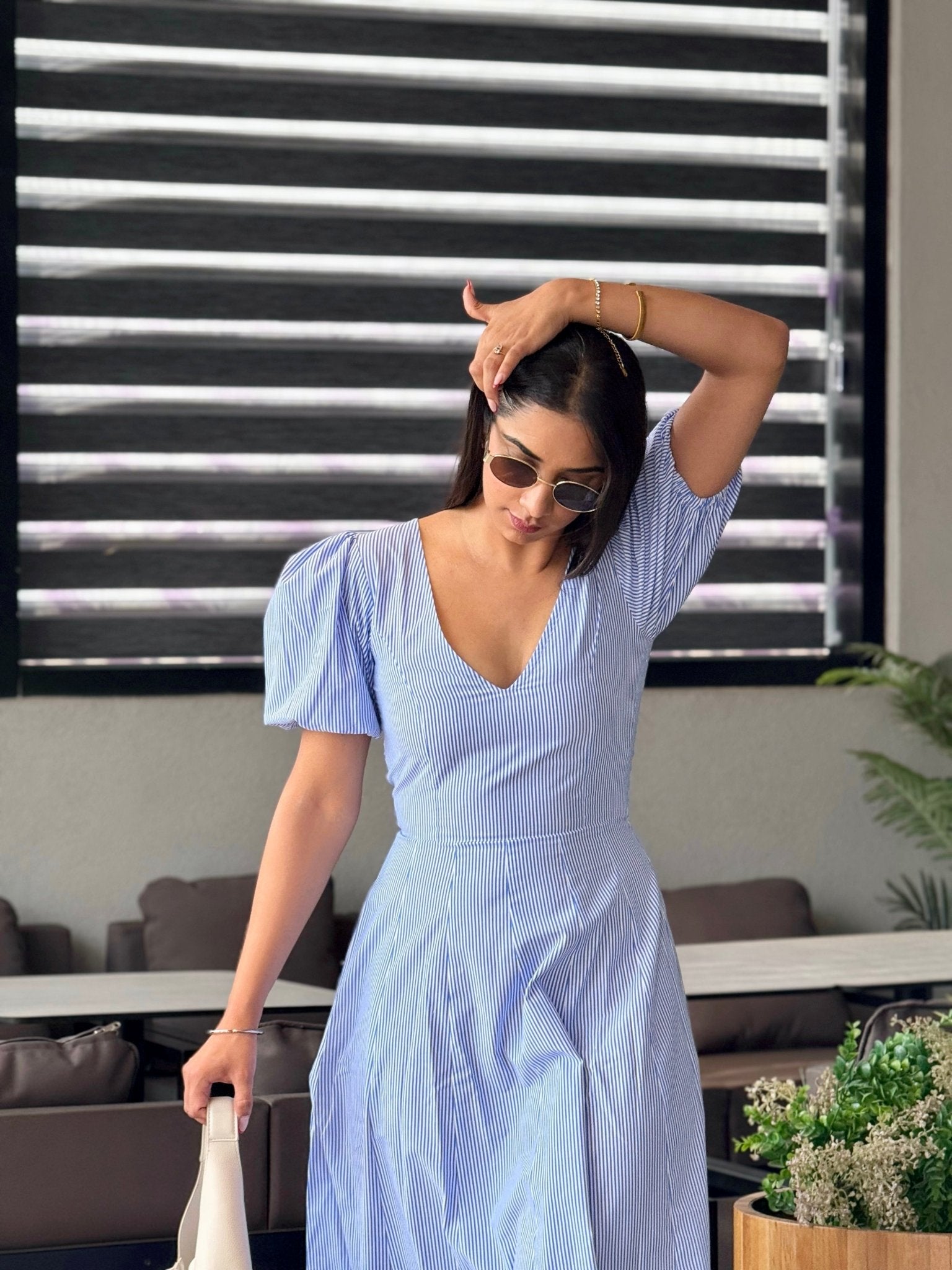 Striped Pleated Maxi Dress - ODDNY